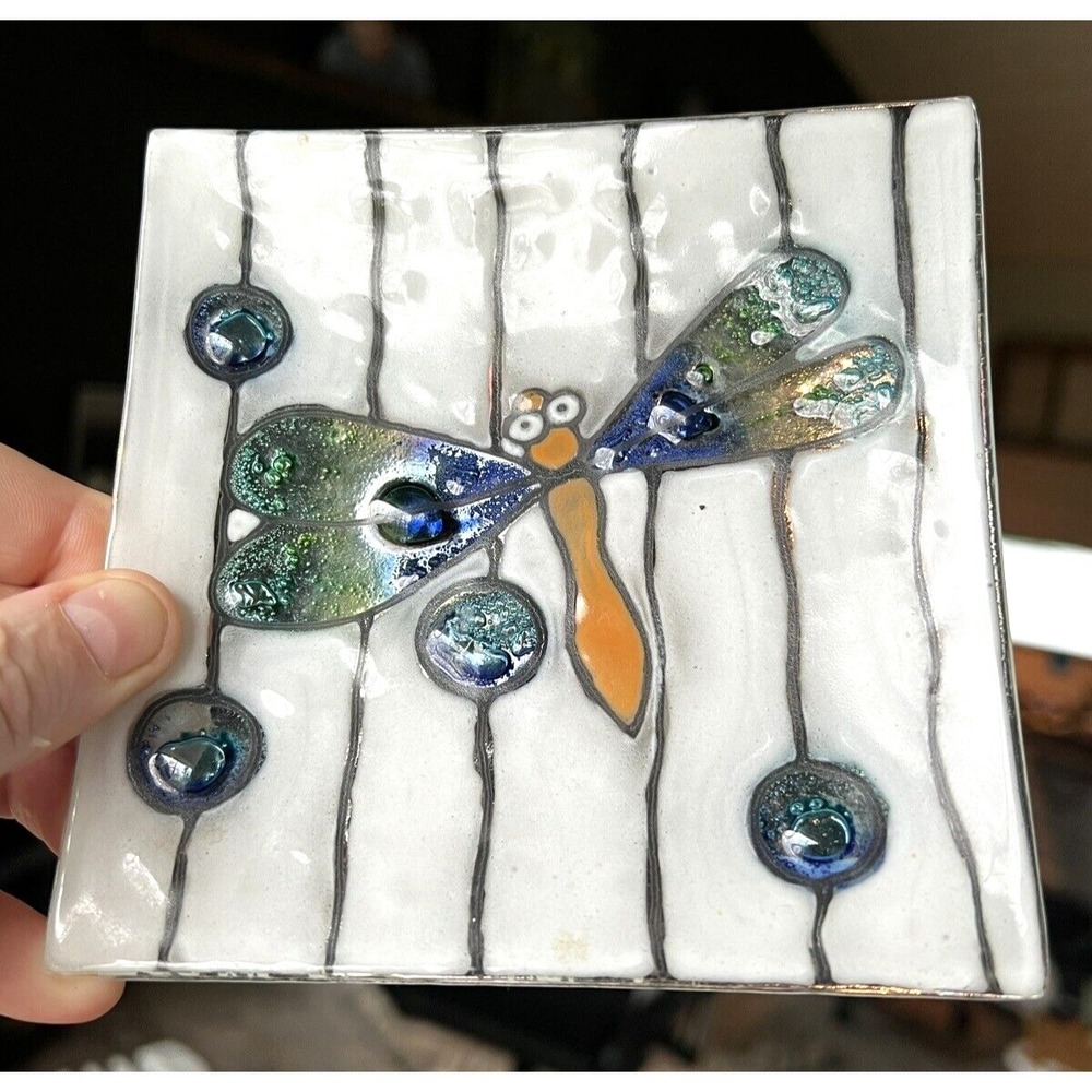 Pampeana‎ DRAGONFLY Art Glass Trinket Dish Recycled Fused Waved Handmade Ecuador